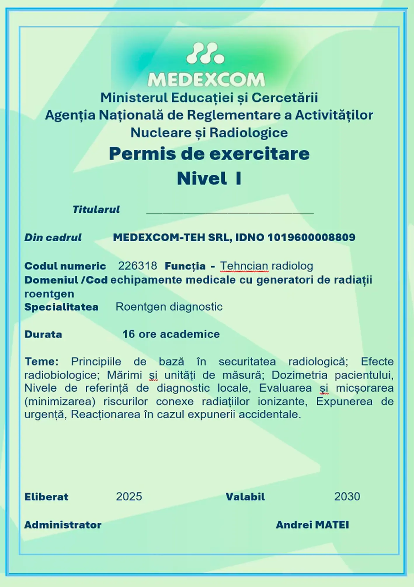 Permis de Exercitare Nivel I